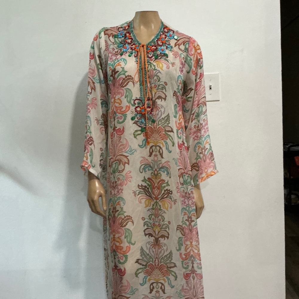 TAJ by Sabrina Crippa Beaded Silk Kaftan Maxi Dress Paisley Boho NWT L